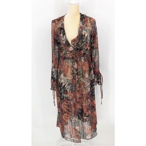 Jessica Simpson Rust Multi Floral Tie-Waist Long Sleeve Sheer Duster Top